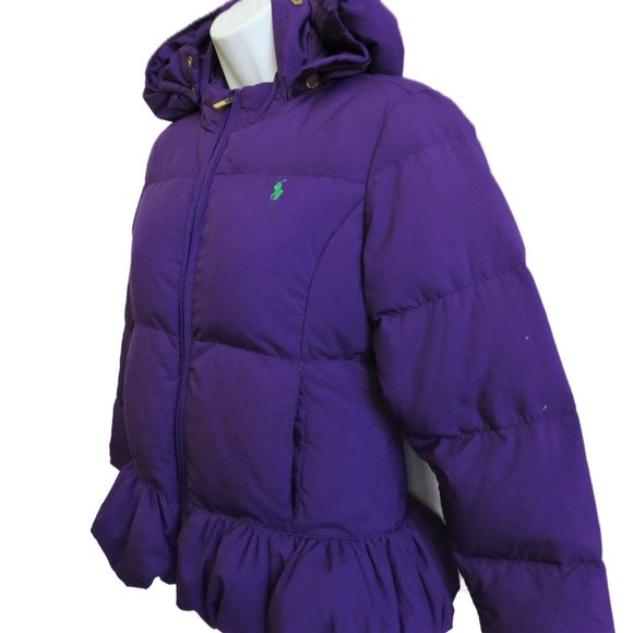 Ralph Lauren Purple Puffy Coat Peplum Detachable Snap Hood Green Pony Down XS - Picture 2 of 13